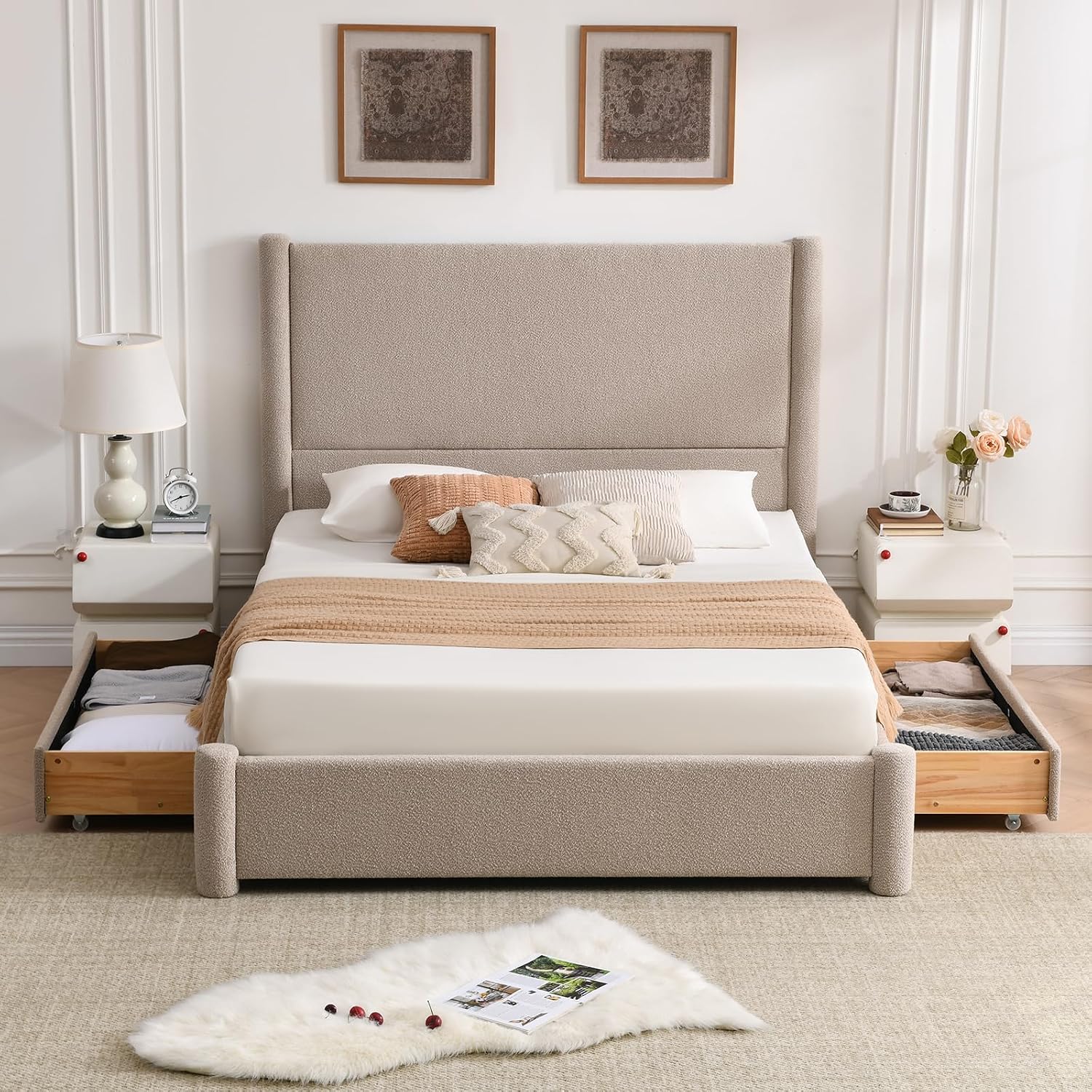 VELOCAVA Queen Size Upholstered Bed Frame with 51.77' Tall Headboard and Soft Rounded Corners, Side Storage Drawers, 12-Slat Support, No Box Spring Needed, Bouclé Texture, Beige