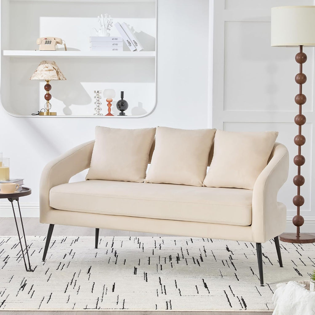 53.7' Modern Velvet Loveseat Sofa with 3 Pillow,Small Comfortable 2 Seat Sofa with Metal Legs, Small Couch for Living Room,Bedroom,Office,Reception,Beige