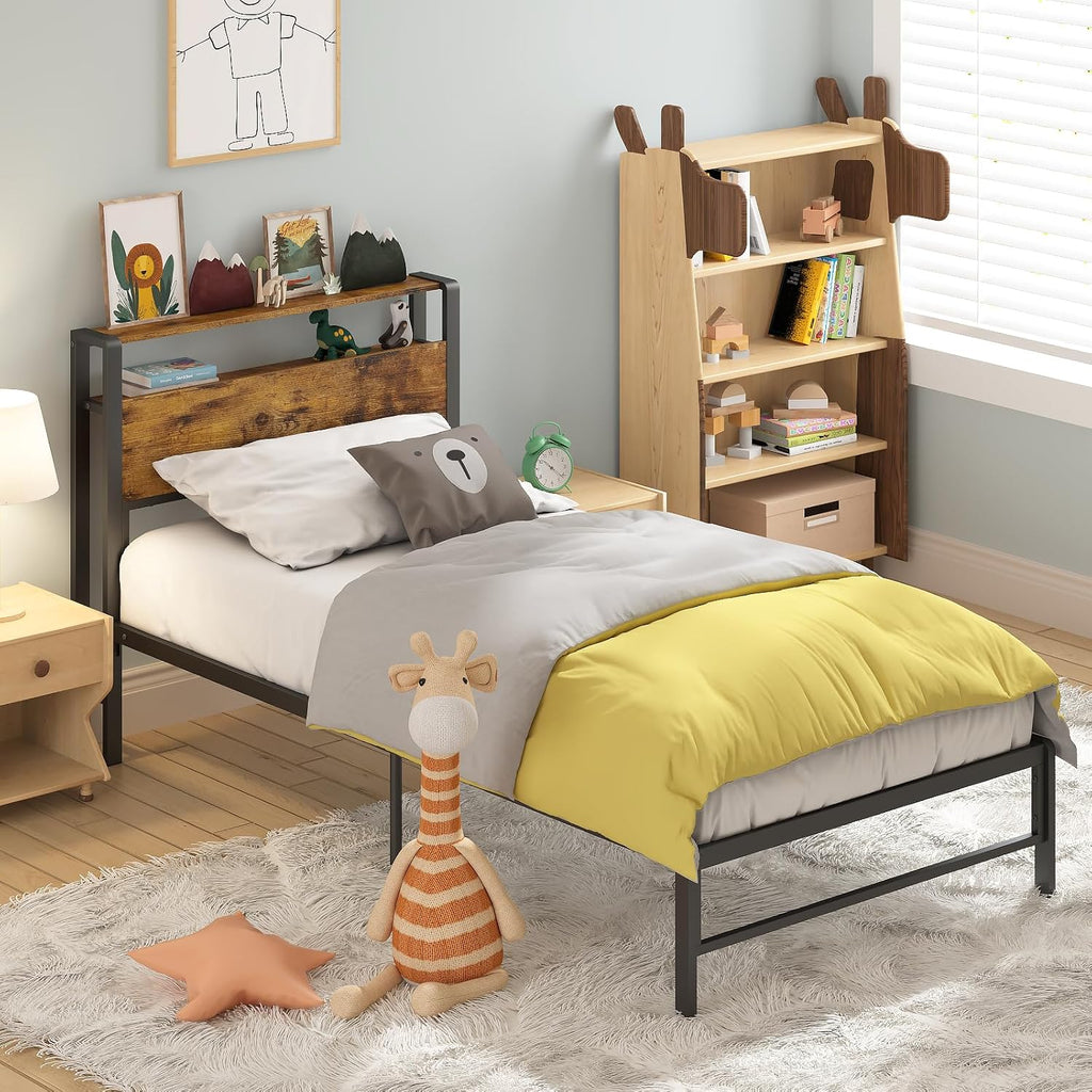 Weehom Twin Bed Frames for Kids, Twin Size Bed with 2 Tiers Wood Shelves Headboard Under Bed Storage Space No Box Spring Needed Heavy Duty Metal Plaform, Brown