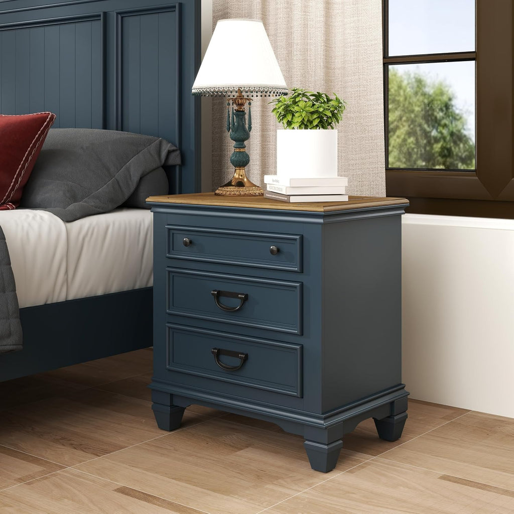 Roundhill Furniture Riverton Wood Bedroom Set with Shiplap Panel Queen Bed, Dresser, Mirror, and Two Nightstands in Slate Blue