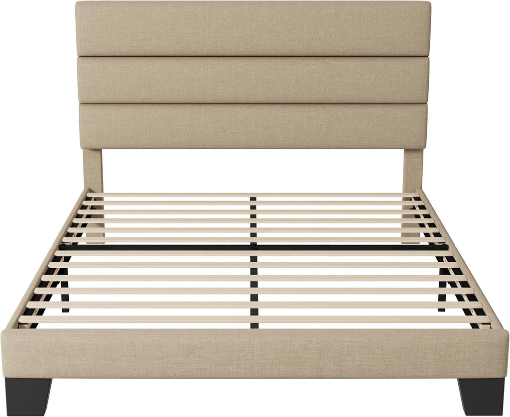 WEEWAY Full Size Bed Frame Platform Bed with Linen Fabric Upholstered Headboard and Wooden Slats Support, Heavy Duty Mattress Foundation, No Box Spring Needed, Easy Assembly, Beige