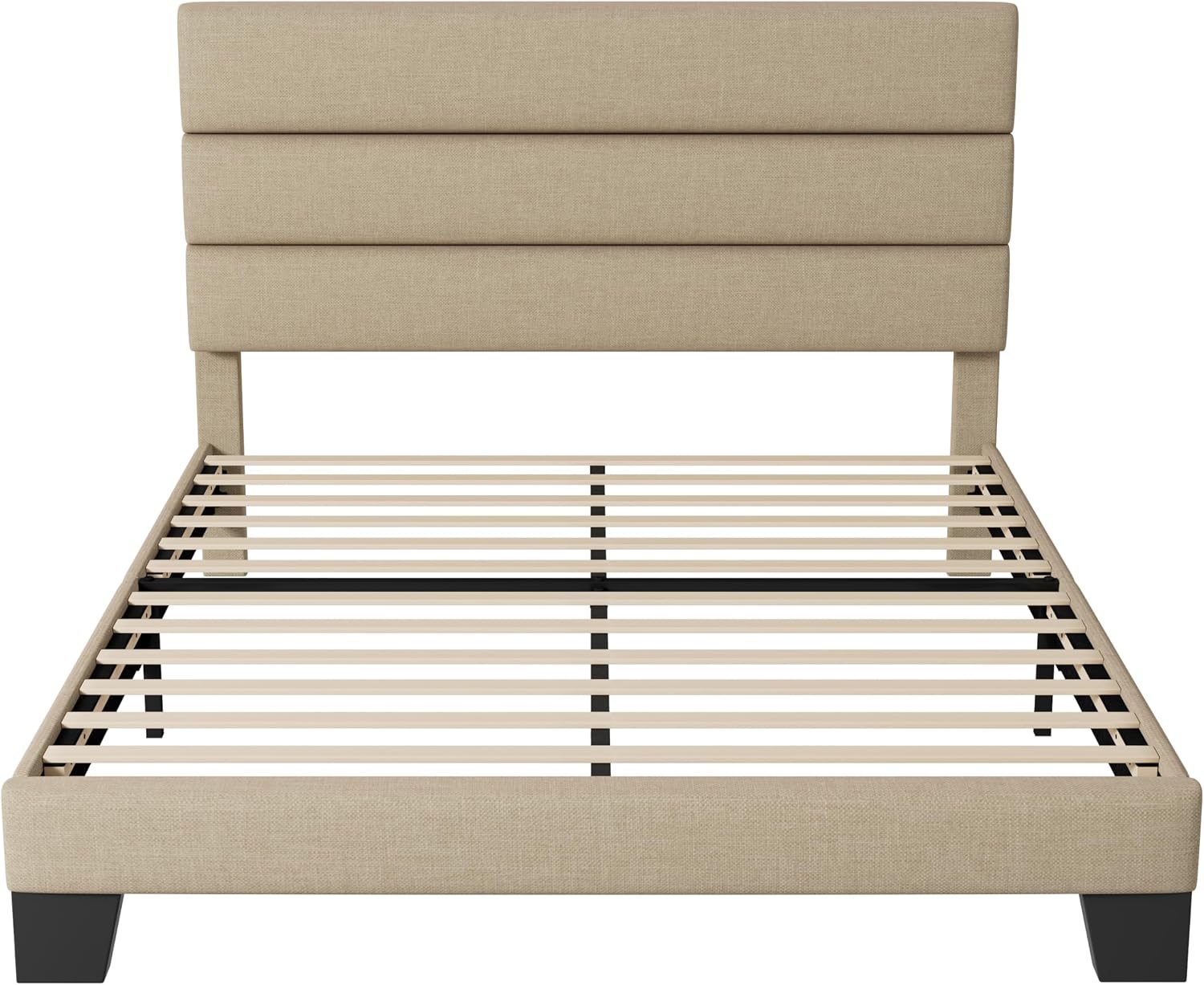 WEEWAY Full Size Bed Frame Platform Bed with Linen Fabric Upholstered Headboard and Wooden Slats Support, Heavy Duty Mattress Foundation, No Box Spring Needed, Easy Assembly, Beige