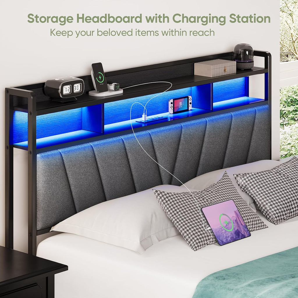 Full Bed Frame with Wood Headboard, Metal Platform Bed with LED Lights & Charging Station, 2-Tier Storage Shelves, Sturdy and Easy Assembly, Under Bed Space, No Box Spring Needed, Noise Free, Black