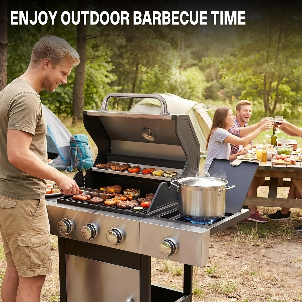 Gas Grill with Side Burner, 3-Burner Propane Grill with Porcelain-Enameled Cast Iron Grates and Double-Wall Insulated Lid, 39,000 BTU BBQ Grill with Wheels for Outdoor Cooking