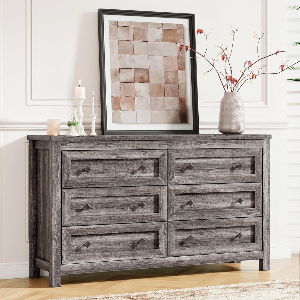 LUXOAK Bedroom Dresser and Nightstand 3 Piece Set, 1 X Wood Rustic 6 Drawer Storage Dresser, Nightstand Set of 2 with Charging Station, Farmhouse Bedroom Furniture Set, Rustic Grey