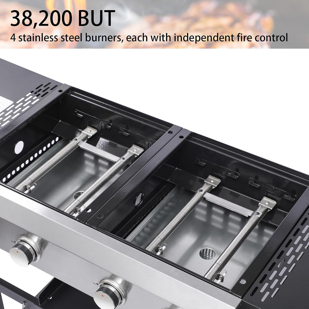 4-Burner Propane Gas Grill and Griddle Combo, 38200 BTU Outdoor BBQ Griddle with Cast Iron Grates and Foldable Side Table, Portable Outdoor Cooking for Patio, Camping, Garden