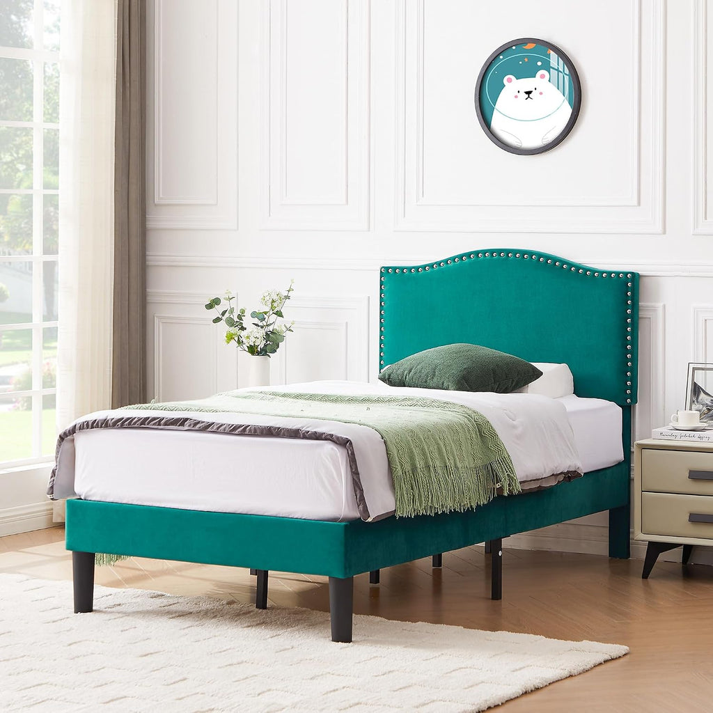 VECELO Twin Bed Frame, Platform Bed Frame with Adjustable Height Upholstered Headboard, Heavy-Duty Frames and Strong Wooden Slats Support, Non-Slip and Noise-Free, Easy Assembly, Dark Green