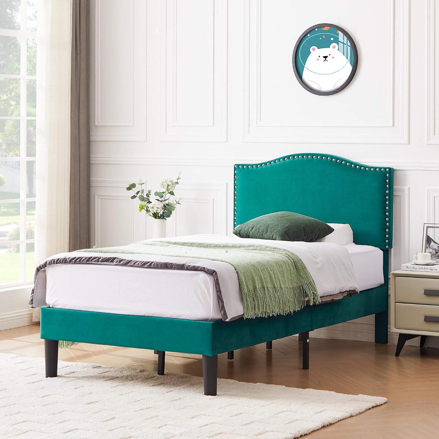 VECELO Twin Bed Frame, Platform Bed Frame with Adjustable Height Upholstered Headboard, Heavy-Duty Frames and Strong Wooden Slats Support, Non-Slip and Noise-Free, Easy Assembly, Dark Green