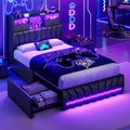 DICTAC Twin Bed Frames with Storage Headboard and 2 Large Drawers, Gaming Bed with RGB Lights and Charging Station, Leather Upholstered Platform Bed, Esports-Style Bed, No Box Spring Needed, Black