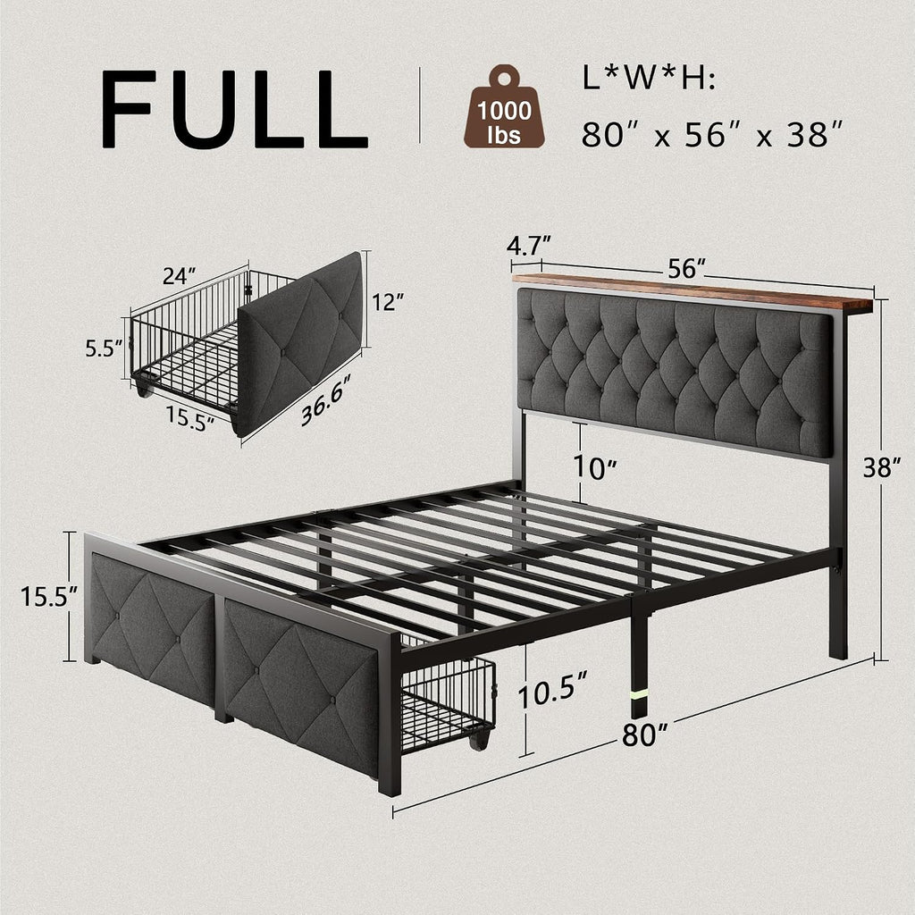 Einhomn Full Size Bed Frame with 2 Storage Drawers, Metal Platform Bed with Charging Station, Upholstered Button Tufted Storage Headboard, No Box Spring Needed, Noise-Free, Easy Assembly, Grey