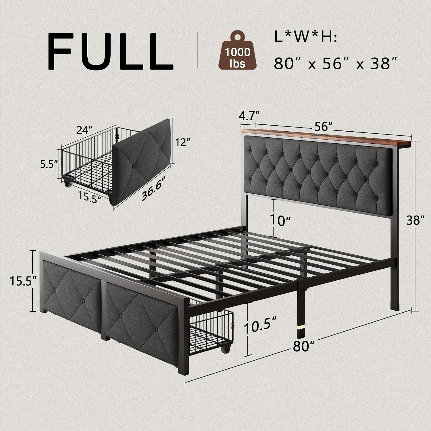 Einhomn Full Size Bed Frame with 2 Storage Drawers, Metal Platform Bed with Charging Station, Upholstered Button Tufted Storage Headboard, No Box Spring Needed, Noise-Free, Easy Assembly, Grey