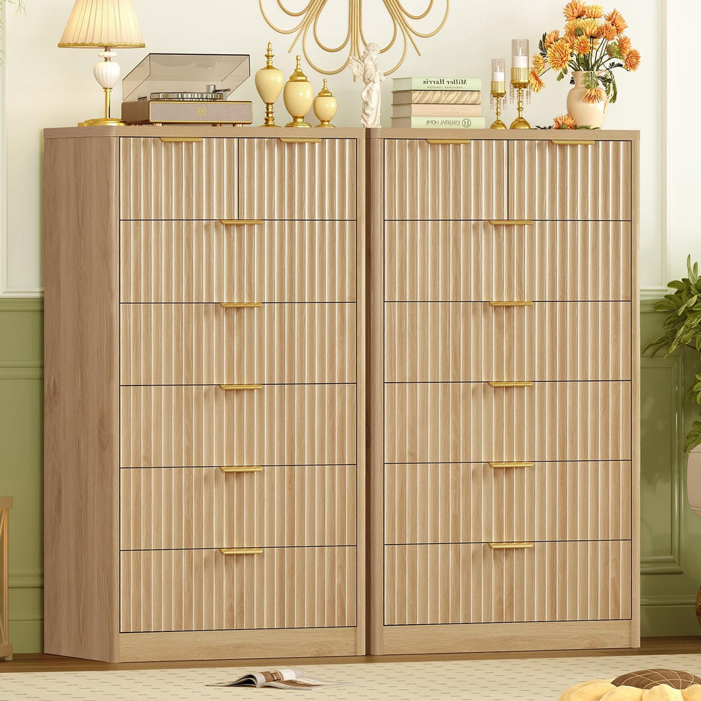 TEENFON 48' Tall Dresser for Bedroom with 7 Drawers, Dressers & Chests of Drawers with Metal Handle, Fluted Dresser, Wood Closet Clothes Storage Organizer for Bedroom, Hallway, Natural