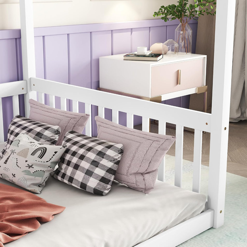 CZBZ Full Size Rubber Wood Canopy Floor Bed with Guardrails, White — Modern Minimalist Bedroom Centerpiece for Rest, Reading & Quiet Play