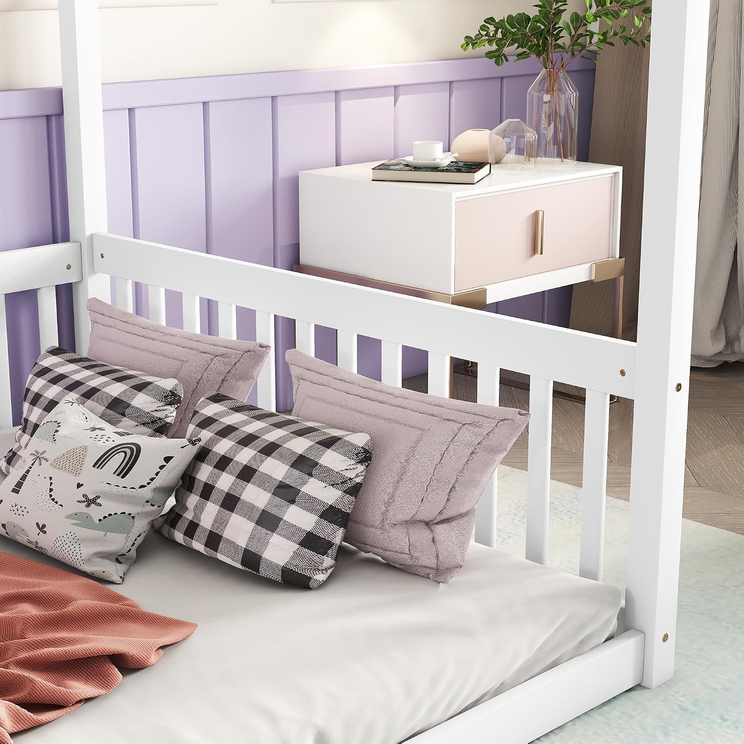 CZBZ Full Size Rubber Wood Canopy Floor Bed with Guardrails, White — Modern Minimalist Bedroom Centerpiece for Rest, Reading & Quiet Play