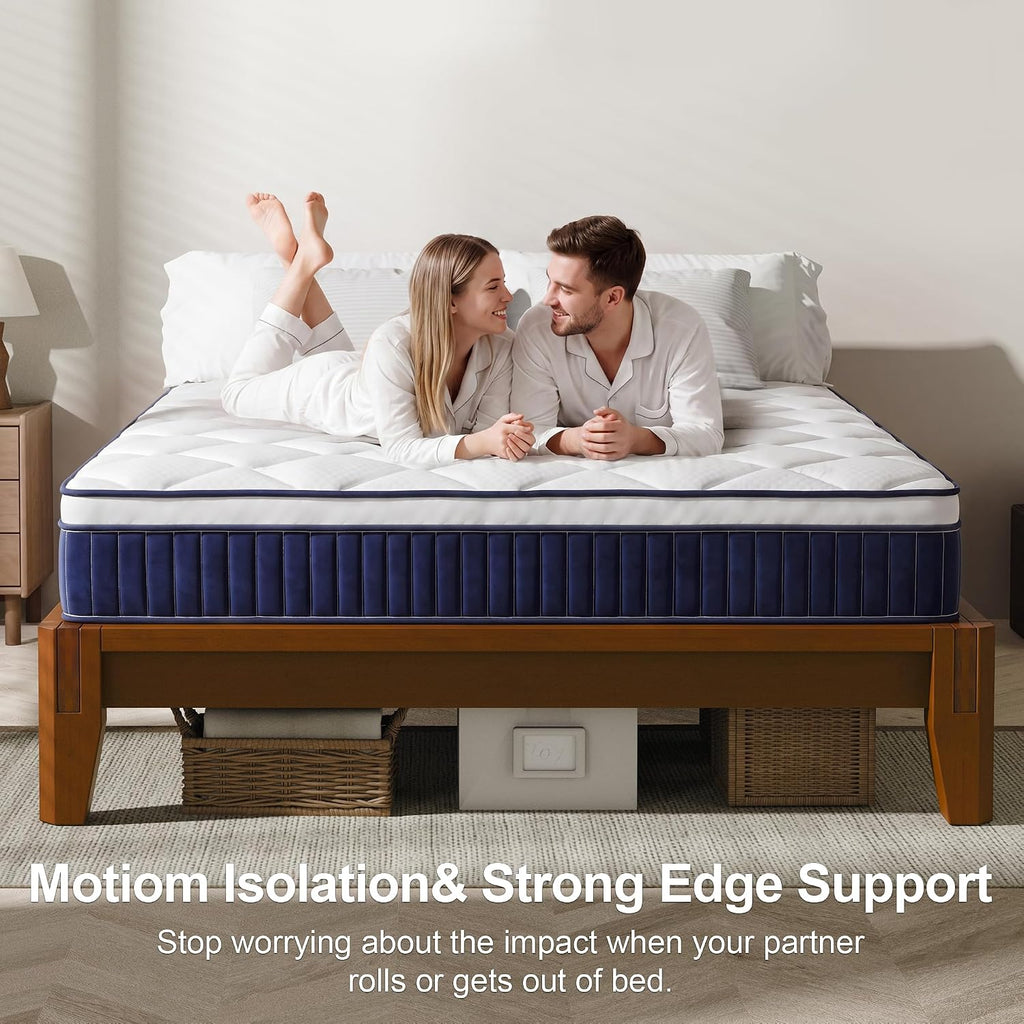 Dolonm Full Size Bamboo Bed Frame with 10' Mattress-Medium Hybrid Firm, Japanese Joinery Bed Frame and Mattress Set, Certipur-US Certified Pocket Spring, Pressure Relief, and Motion Isolation（Walnut