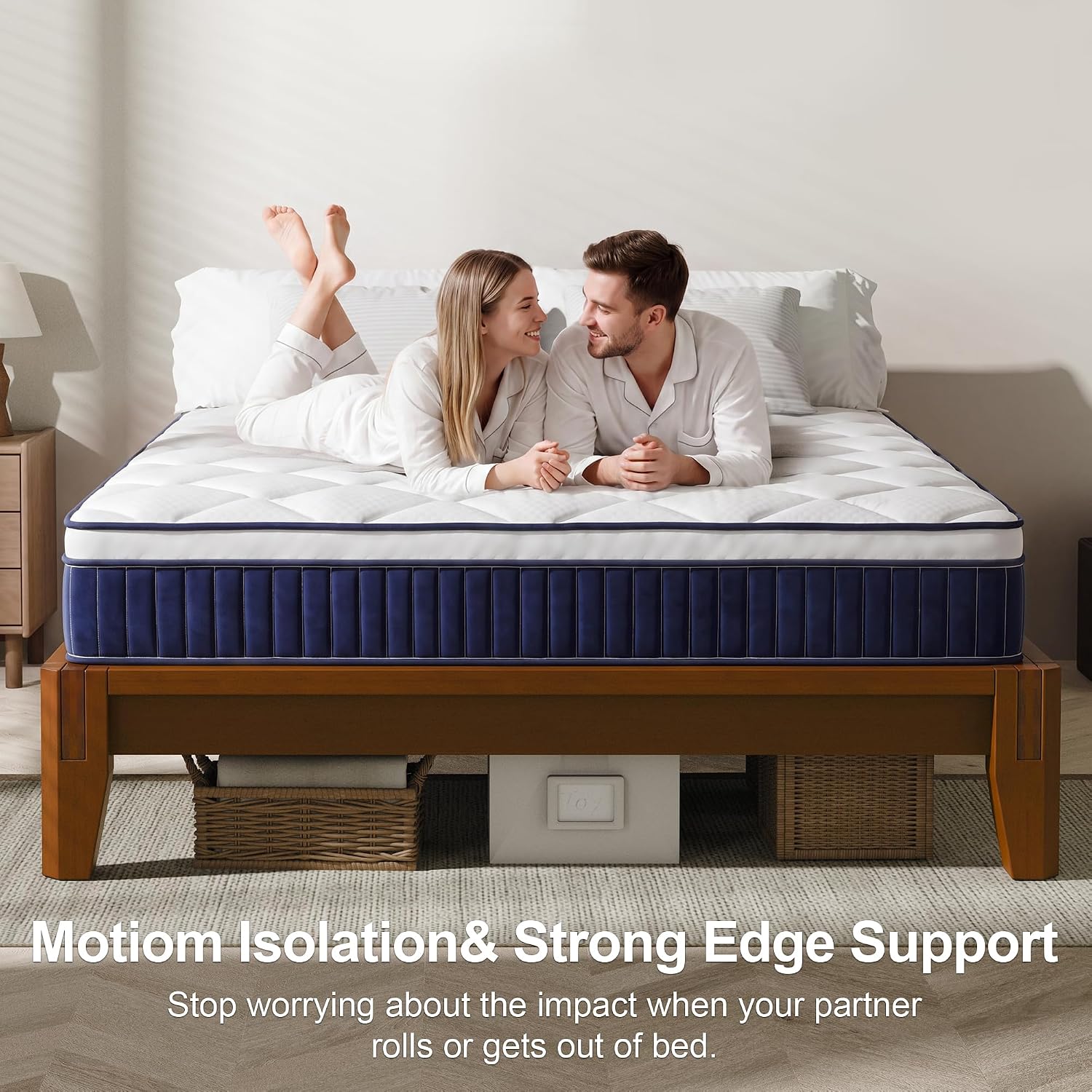 Dolonm Full Size Bamboo Bed Frame with 10' Mattress-Medium Hybrid Firm, Japanese Joinery Bed Frame and Mattress Set, Certipur-US Certified Pocket Spring, Pressure Relief, and Motion Isolation（Walnut