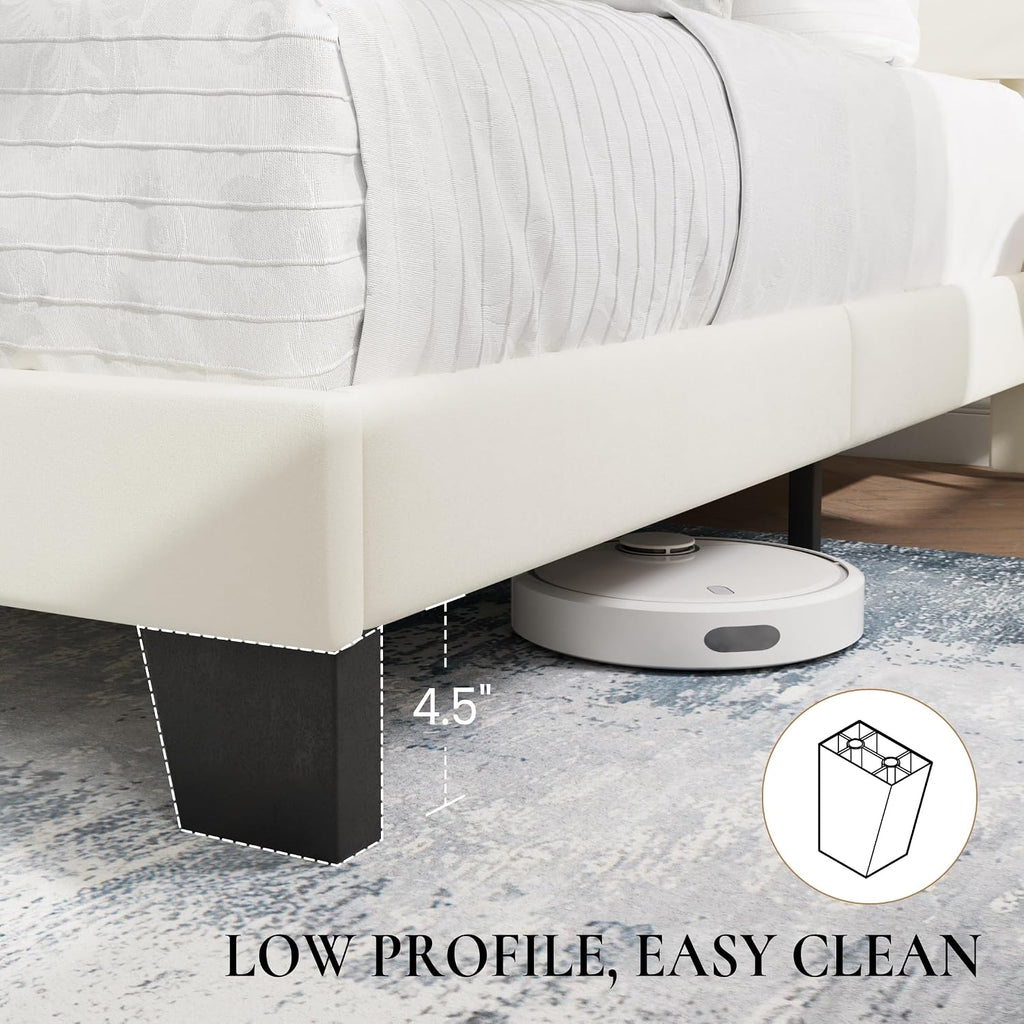 SHA CERLIN Queen Platform Bed Frame with Velvet Upholstered Headboard, Mattress Foundation with Strong Wooden Slats Support, No Box Spring Needed, Cream