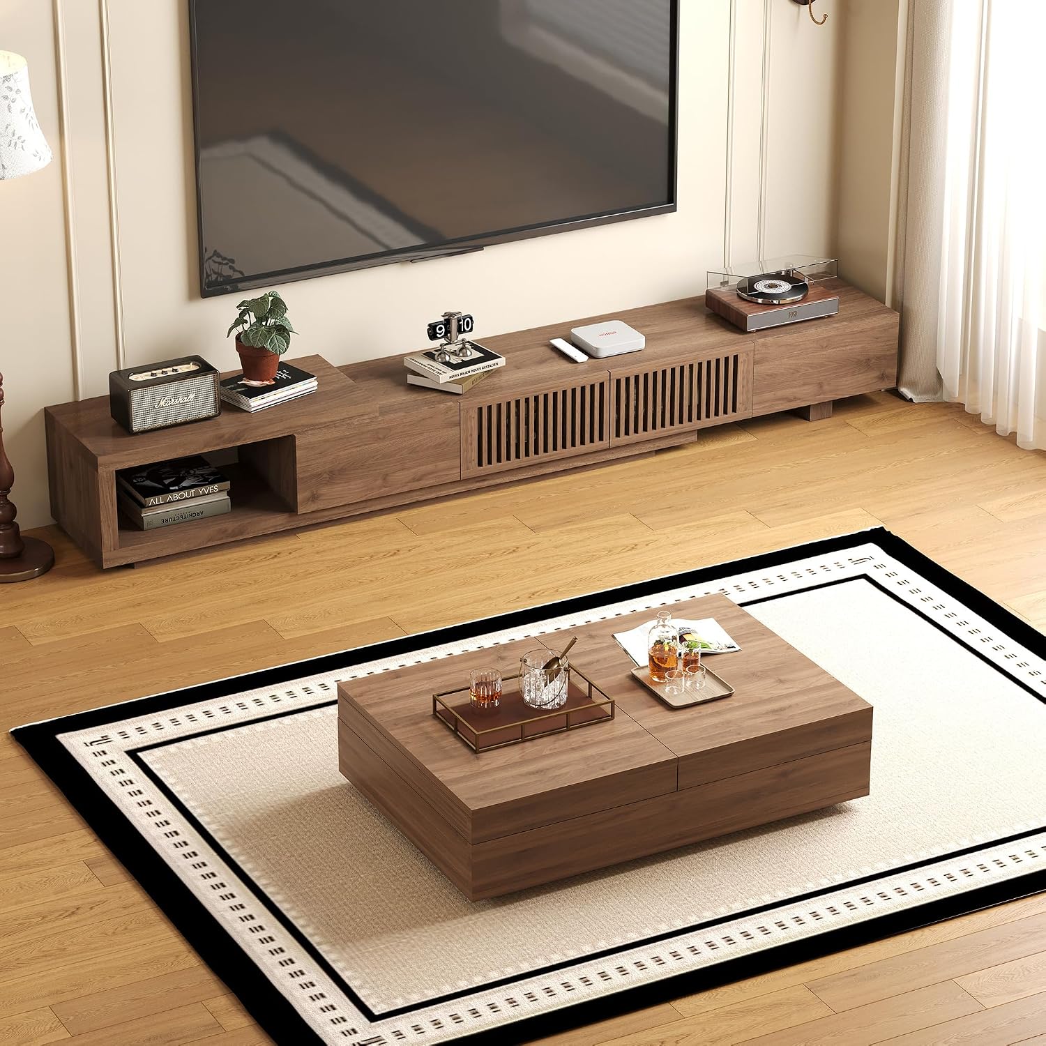 Mid-Century Modern TV Stand & Expandable Coffee Table Set, Walnut Finish, Stylish Storage Combo for Living Room or Bedroom (78.54' to 103' TV Stand+Coffee Table)