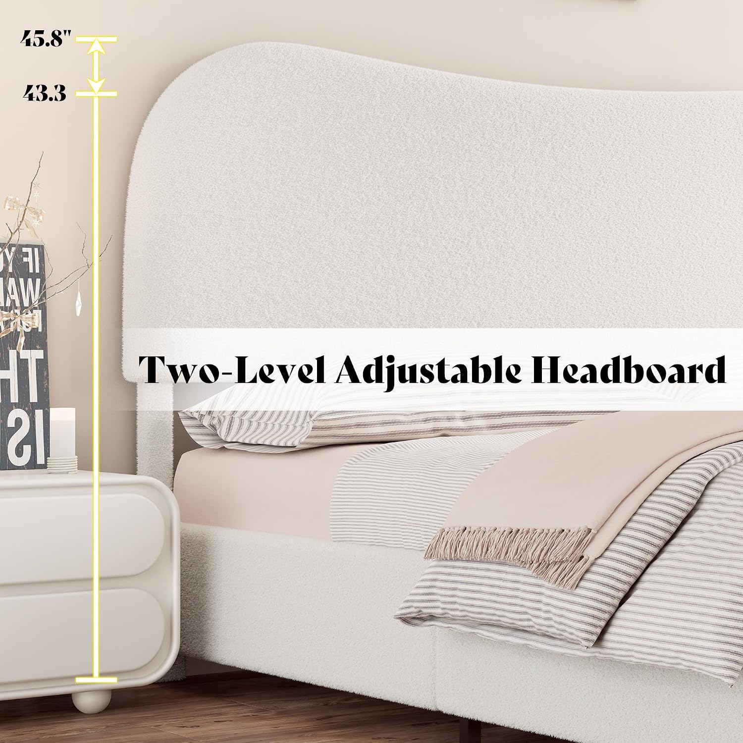 AMERLIFE King Size Upholstered Boucle Bed Frame, Soft Cloud Platform Bed with Adjustable Headboard, Modern Design, Rounded Corners, Rubberwood Legs, No Box Spring Needed, Easy Assembly, Cream