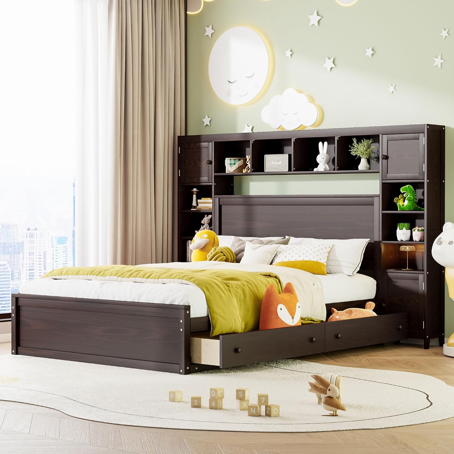 MERITLINE Queen Platform Bed with Storage Headboard,Drawers and Charging Station,Solid Wood Queen Bed Frame with Storage Cabinet and Shelves for Adults (Espresso)