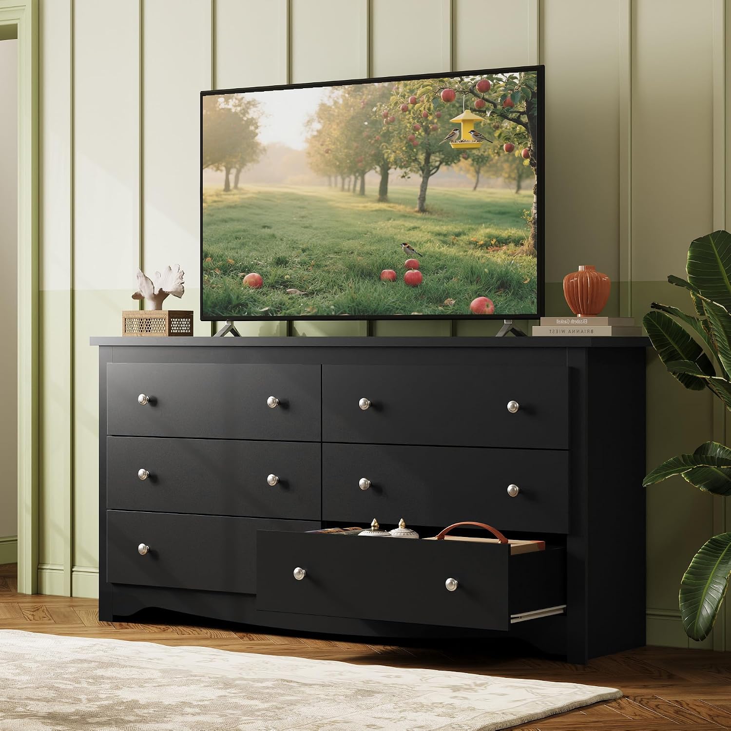 WLIVE Black Wooden Dresser for Bedroom, 6 Drawers Chest of Drawers, 59' Wide Modern Dresser Closet Storage Organizer for Living Room Hallway