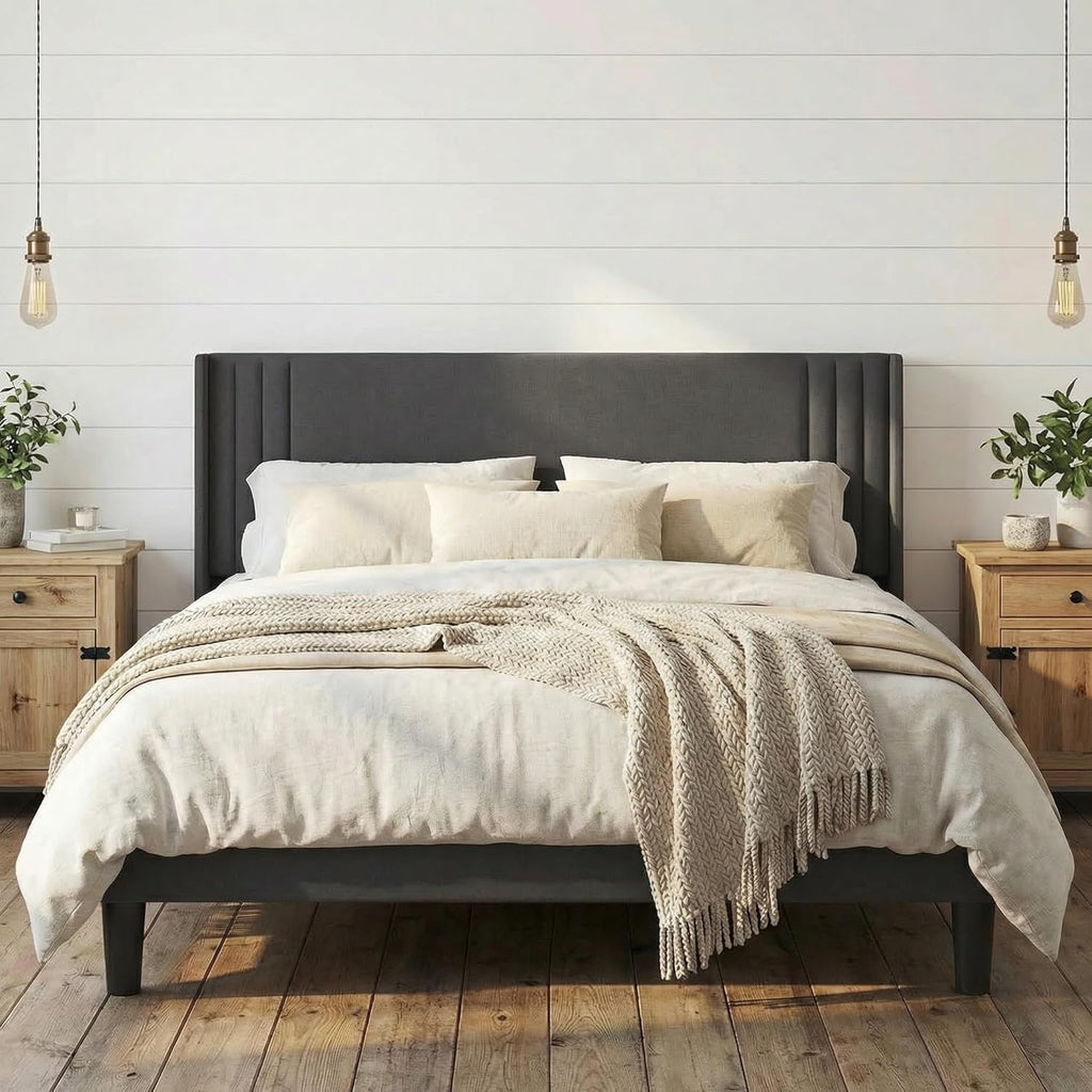 Gizoon Queen Bed Frame with Wingback Headboard, Upholstered Platform Bed with Modern Geometric Headboard, Wooden Slats, Noise-Free, No Box Spring Needed
