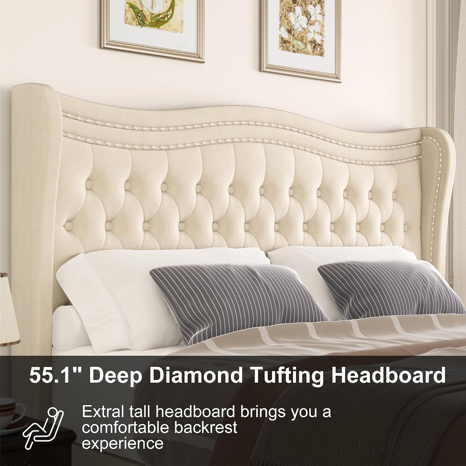 Upholstered Queen Size Bed Frame with Tall Headboard, Velvet Wingback Platform Bed Frame with Deep Button Tufted, No Box Spring Needed, Noise Free, Beige