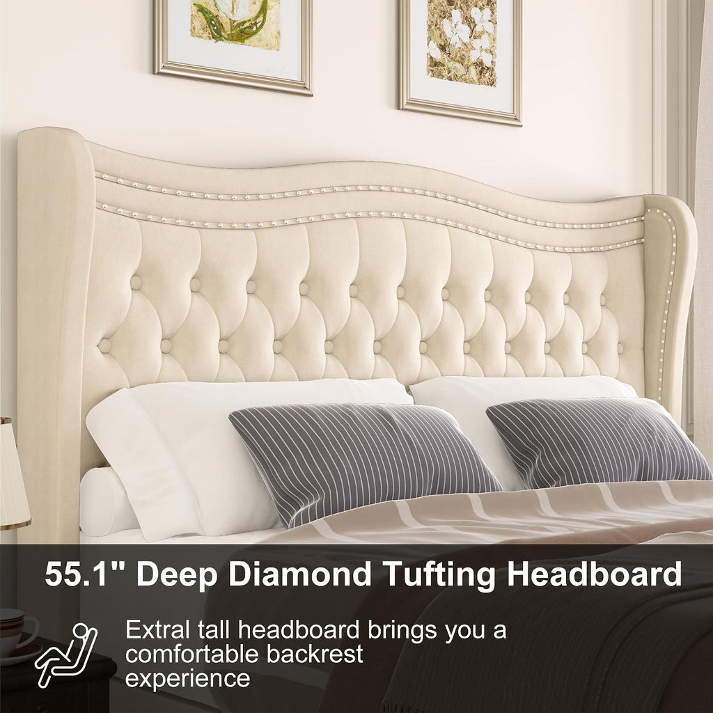 Queen Bed Frame with Tall Headboard & Footboard, Velvet Upholstered Platform Bed Frame with Deep Button Tufted Wingback, No Box Spring Needed, Noise Free, Beige
