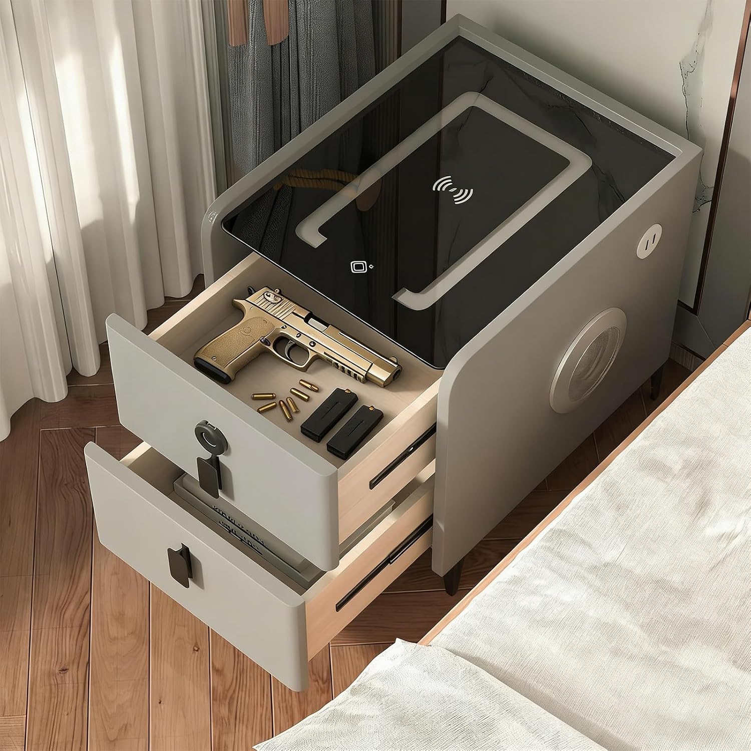 Grey Night Stand with Wireless Charging Station, Nightstand with 2 Drawers, Smart Bedside Table with 3 Lighting and Bluetooth Speaker, Modern LED Lighted Nightstand for Bedroom
