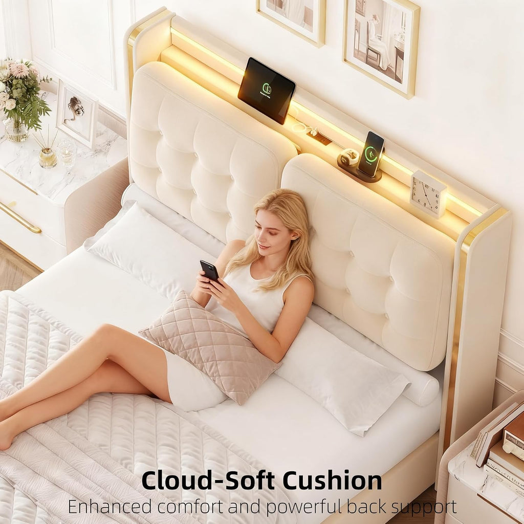 HIFIT Upholstered LED Queen Size Bed Frame with Storage and Charging Station, Lavish Wingback Headboard with Fluffy Tufted Cushions, Modern Velvet Queen Platform Bed Frame with 2 Large Drawers, Beige