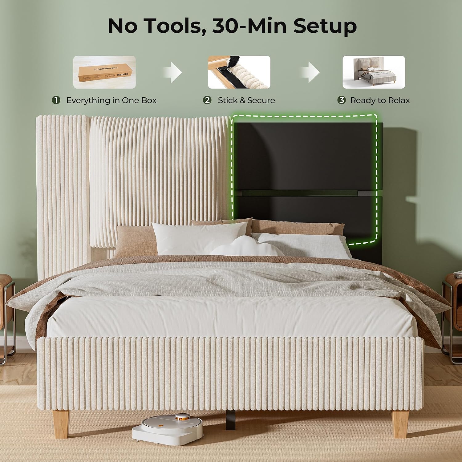 Full Upholstered Bed Frame with 51' Tall Headboard & Widened Corduroy Cushion,Modern Wingback Cloud BedFrame Platform, Easy Assembly, No Box Spring Needed, Cream