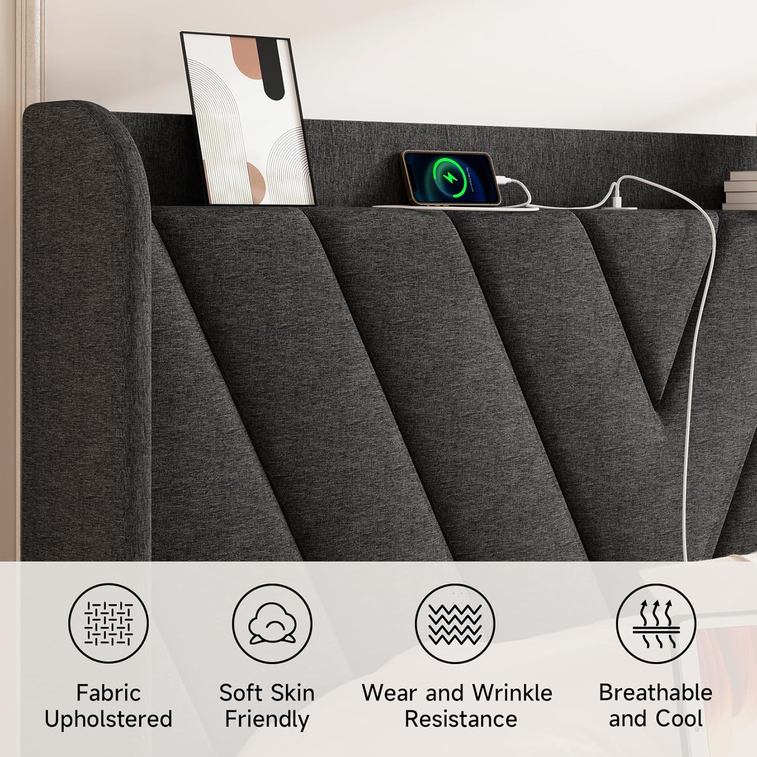 koorlian Full Size Bed Frame, Full Bed Frame with Headboard, Adjustable Upholstered Bed Frame with Type-C&USB Port, Wingback Storage Headboard, Noiseless, No Box Spring Needed, Dark Gray
