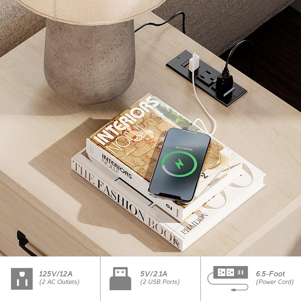 WAMPAT 2 Piece Bedroom Set - Includes 6 Drawer Dresser for Bedroom, Mid Century Nightstand with Charging Station & Drawers, 2 Piece Dresser and Nightstand Sets, Beige