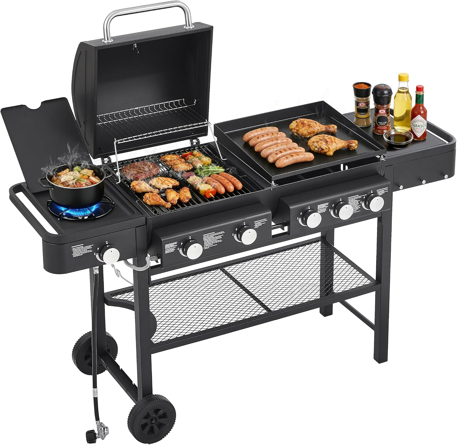 Propane Gas Grill with Griddle Combo, 745 Sq.In Cooking Space, 5 Burners 56000 BTU BBQ Grill with Side Burner, Heavy-Duty Outdoor Grill for Backyard & Patio Cooking