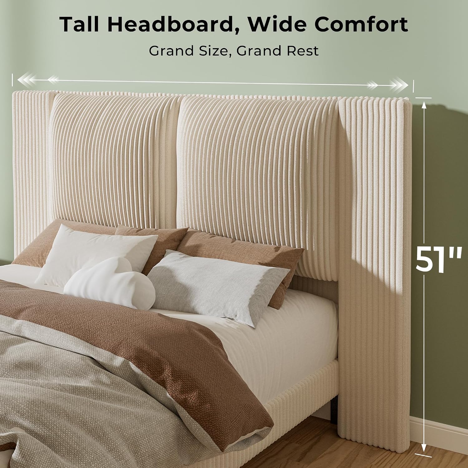 Full Upholstered Bed Frame with 51' Tall Headboard & Widened Corduroy Cushion,Modern Wingback Cloud BedFrame Platform, Easy Assembly, No Box Spring Needed, Cream