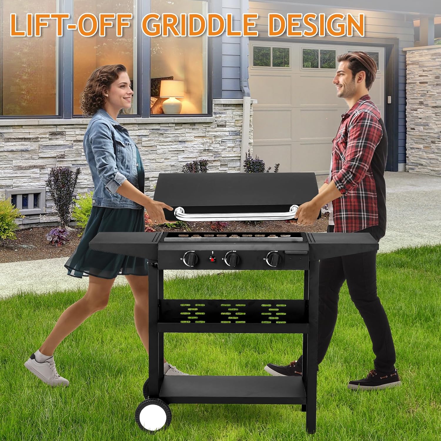 Outvita 3 Burners Gas Griddle with Hood, Outdoor Propane Griddle, 30000 BTU Portable Flat Top Gas Grill, Table Top Griddle Station with Side Shelves for Outside Cooking Camping Tailgating