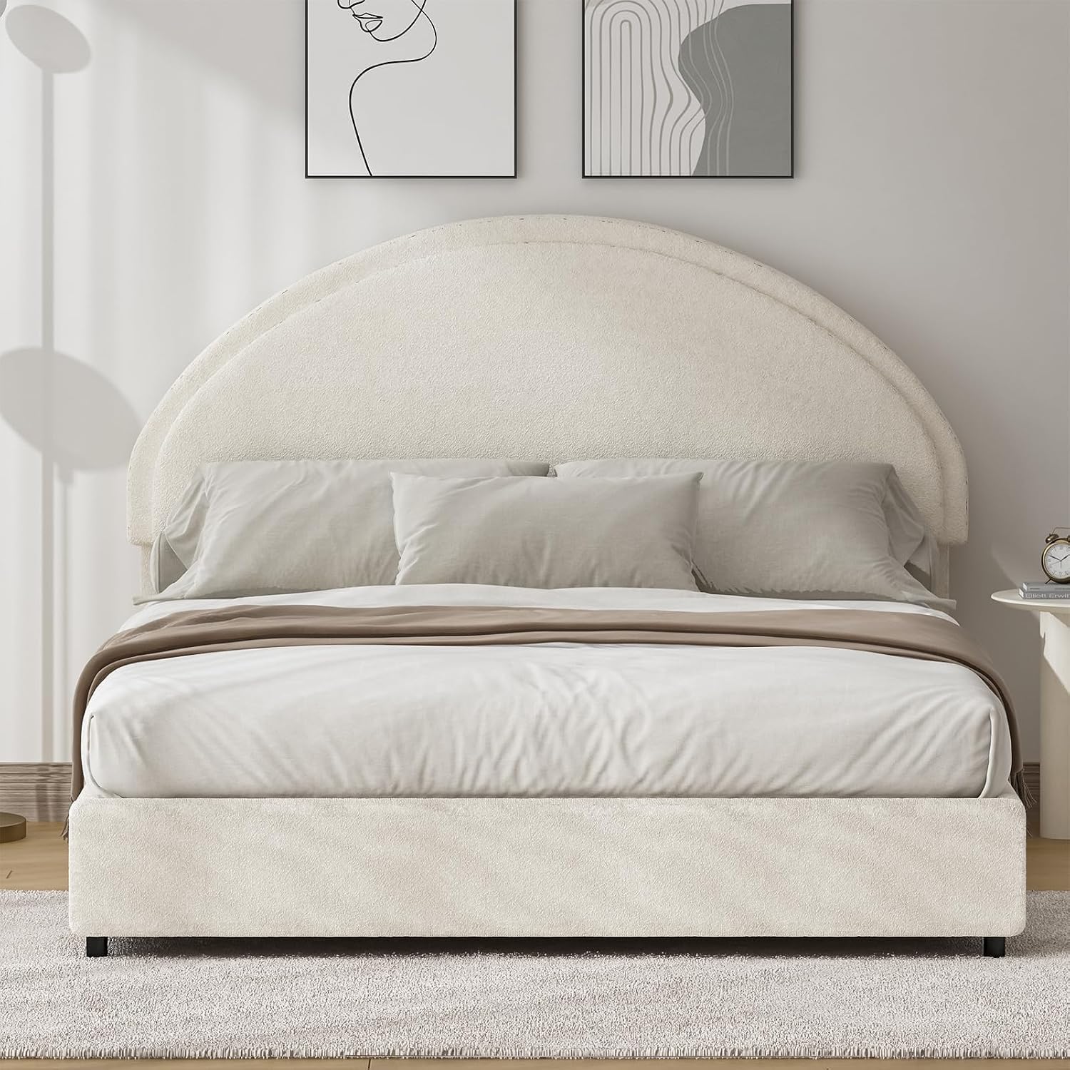REVOMINCA Full Size Bed Frame with Round Headboard, Upholstered Platform Bed Frame, Boucle Soft Bed Frame, Modern Style, No Box Spring Required, Easy Assembly, White
