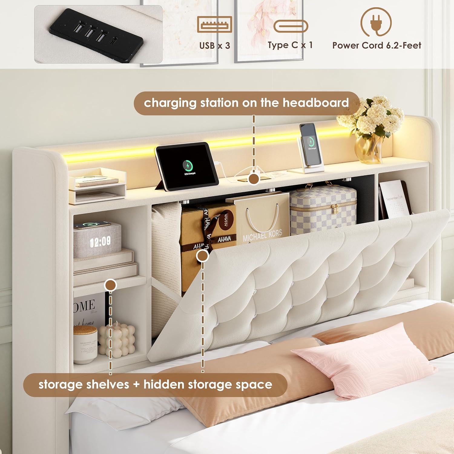 Full Bed Frame with Drawers, Hidden-Cubby & Shelves Storage Headboard with Charging Station and LED Lights, Velvet Upholstered Platform Bed Solid Wooden Slats Support No Box Spring Needed, Beige