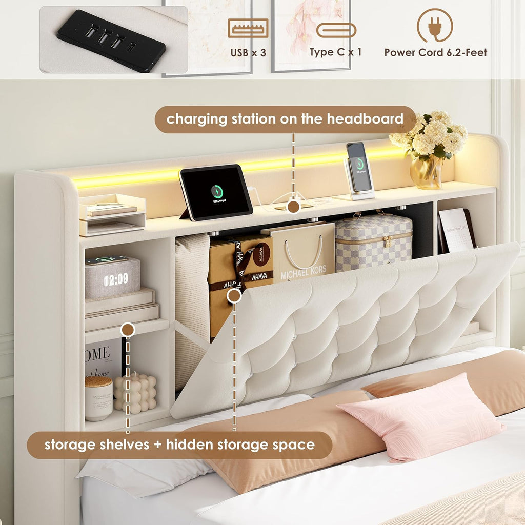 Queen Bed Frame with Drawers, Hidden-Cubby & Shelves Storage Headboard with Charging Station and LED Lights, Velvet Upholstered Platform Bed Solid Wooden Slats Support No Box Spring Needed, Beige