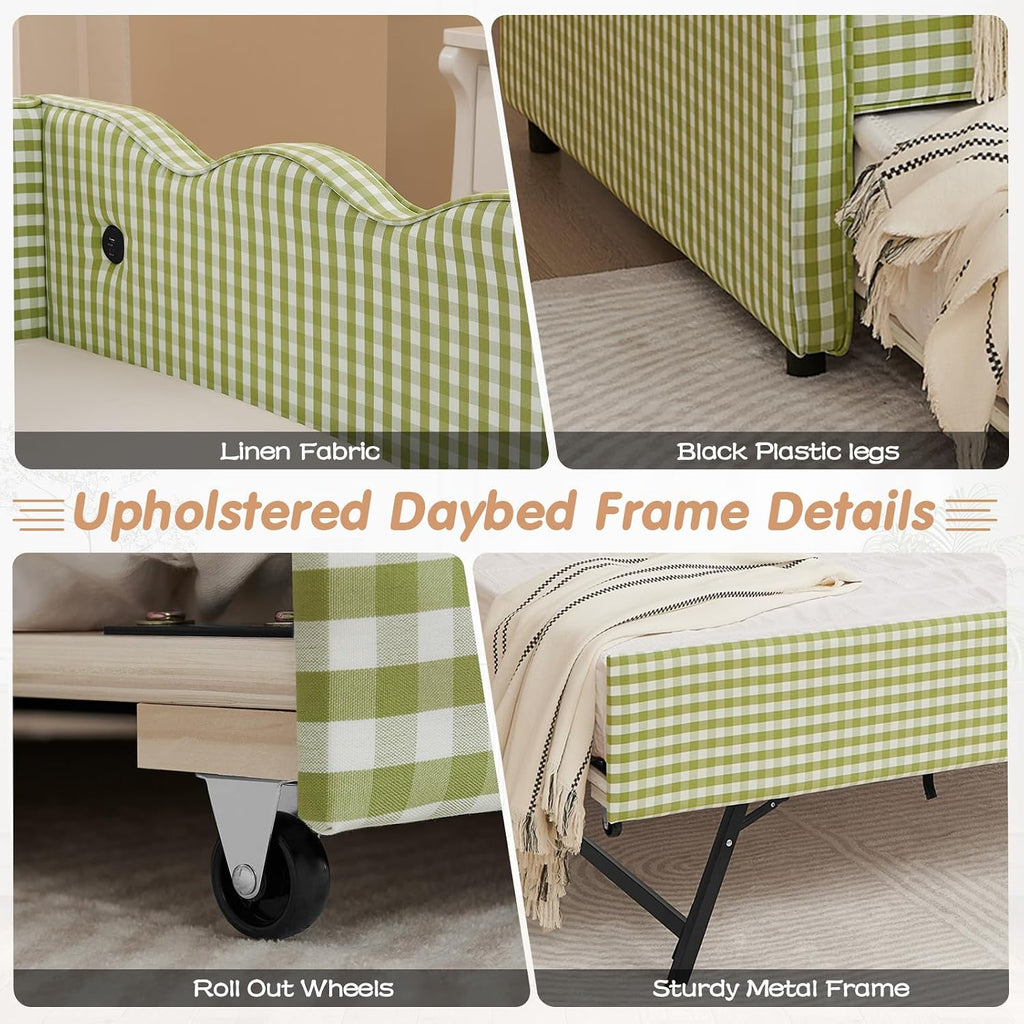 Twin to King Daybed with Trundle, USB Ports Soft Upholstered Daybed with Pop Up Trundle Bed Twin , Modern Extendable Day Bed Frame for Girls Bedroom Living Room Guest Room Small Places Sage Green