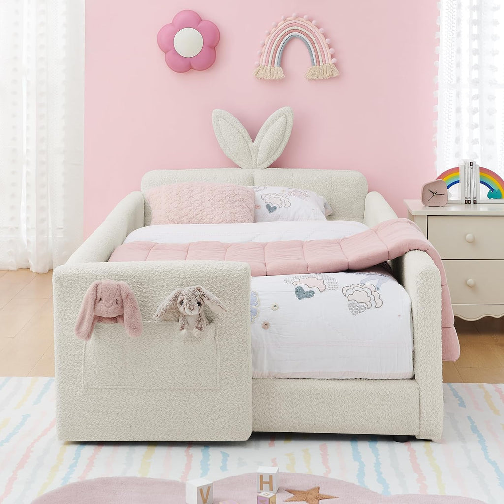 VilroCaz Twin Size Upholstered Platform Bed with Safety Guardrail and Cute Rabbit Ear Shaped Headboard, Boucle Fabric Montessori Kids Bed with Pocket and Sturdy Slats Support (Beige-7.24)
