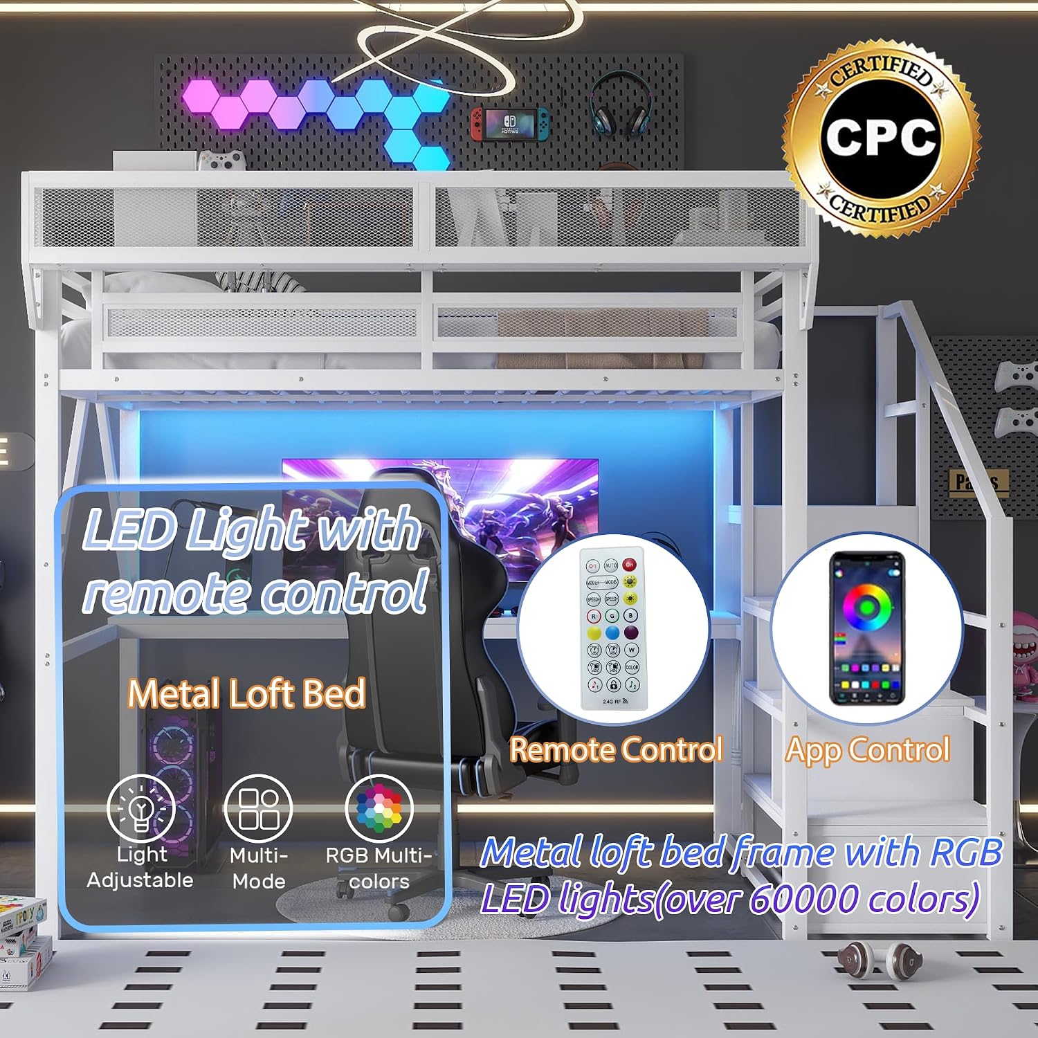 Metal Loft Bed with Desk and RGB LED Lights, Full Size Loft Bed with Stairs and Charging Station,Kids Loft Beds with Storage Shelves for Upper and Wardrobe,Loft Beds Frame for Kids Teens, White