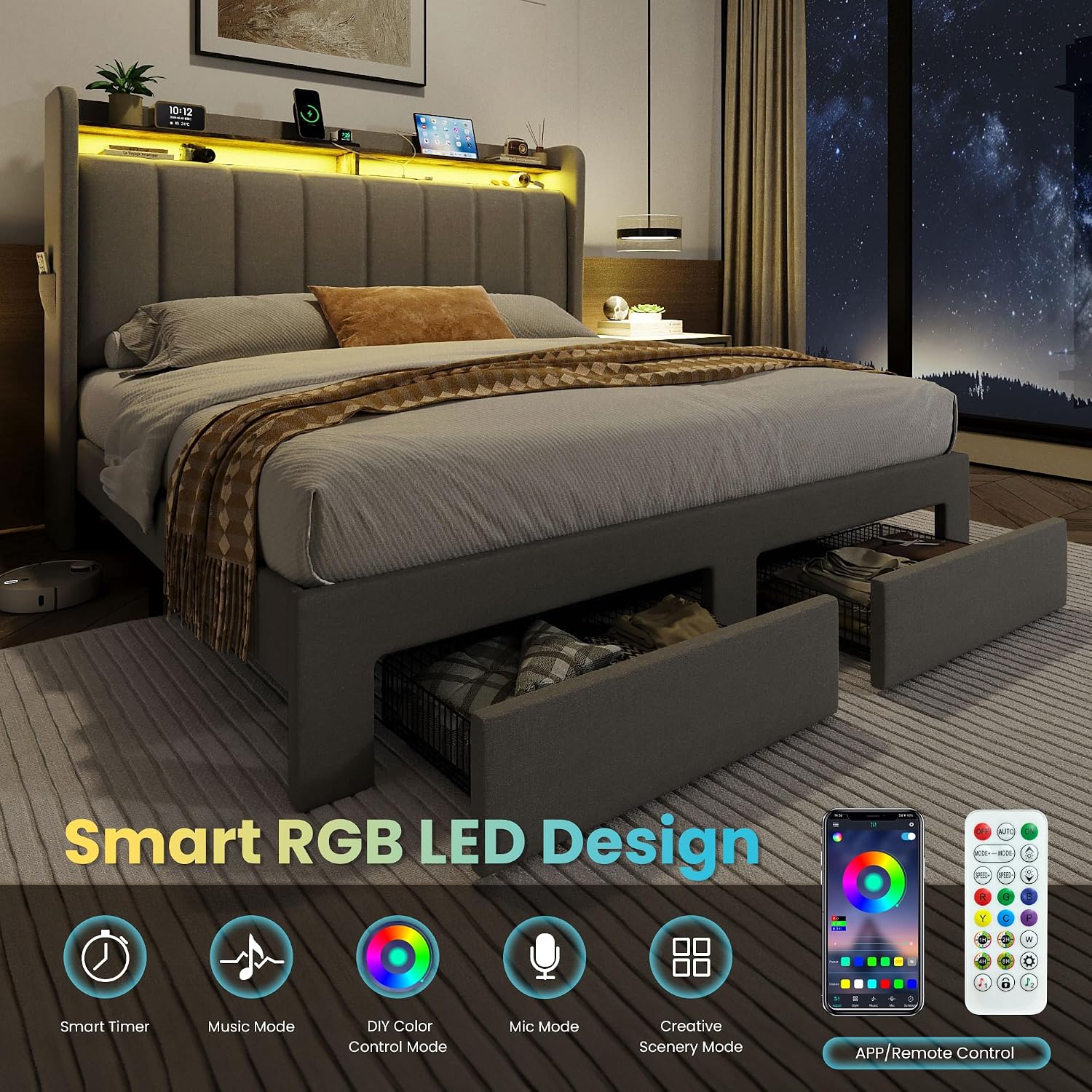 SHA CERLIN Full Size Platform Bed Frame with Vertical Channel Tufted Wingback Headboard & 2 Storage Drawers/2-Tier Shelves with LED Lights & Charging Station/Noise-Free/No Box Spring Needed/Dark Grey