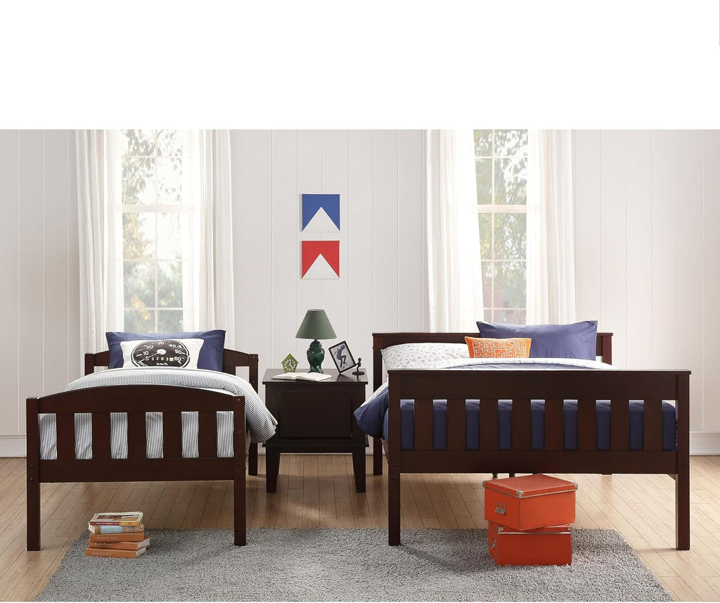 DHP Airlie Convertible Wood Bunk Bed Twin Over Full Size, Stackable and Detachable Bed Frames for Kids, Teens, Angled Ladder, High Guardrail, Wood Slats, No Boxspring Required, Espresso
