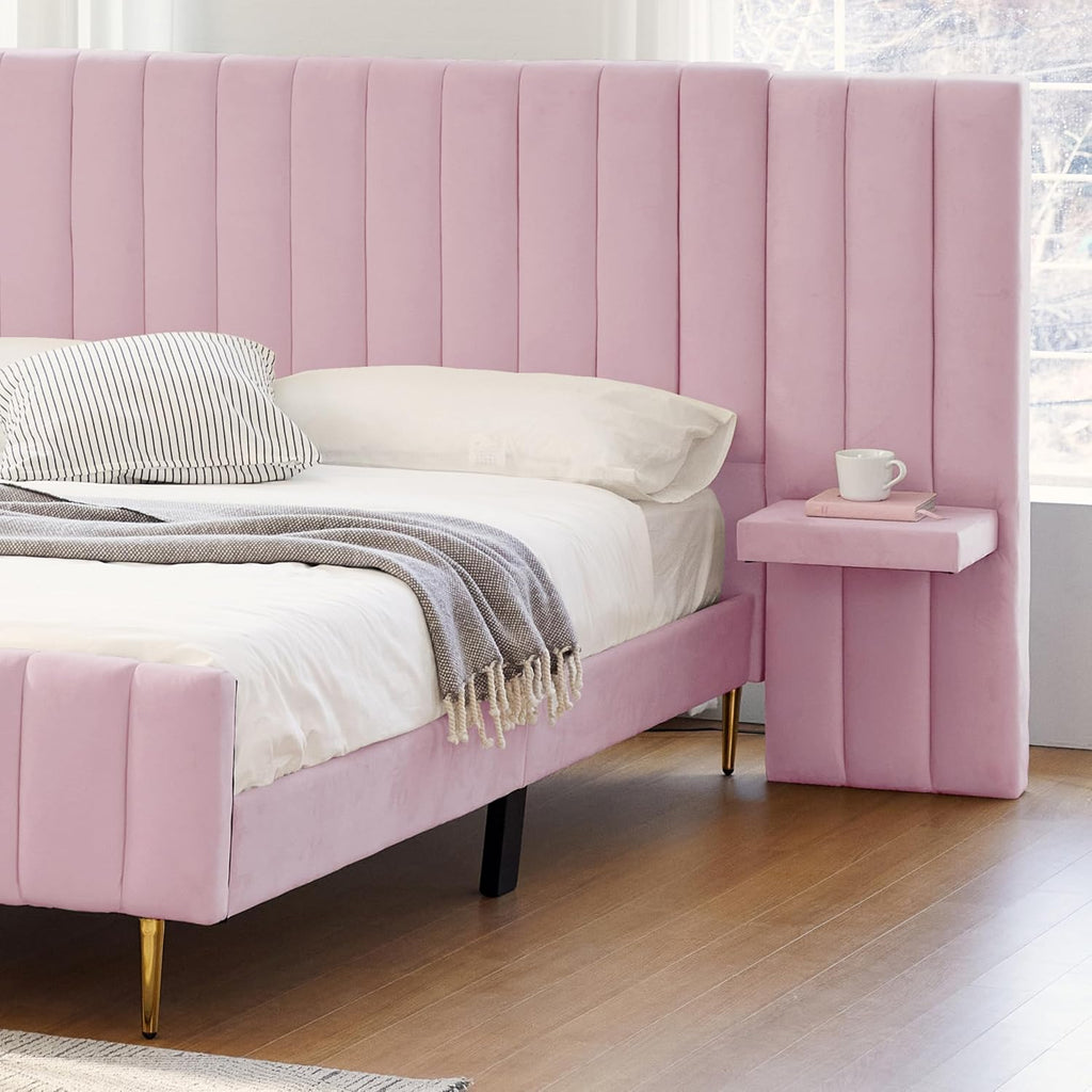 Livinia Twin Size Elton Velvet Platform Bed Set, Upholstered Bed Frame with Vertical Channel Tufted Headboard Footboard with 2 Side Panel Nightstands, No Box Spring Needed, Pink (Twin)