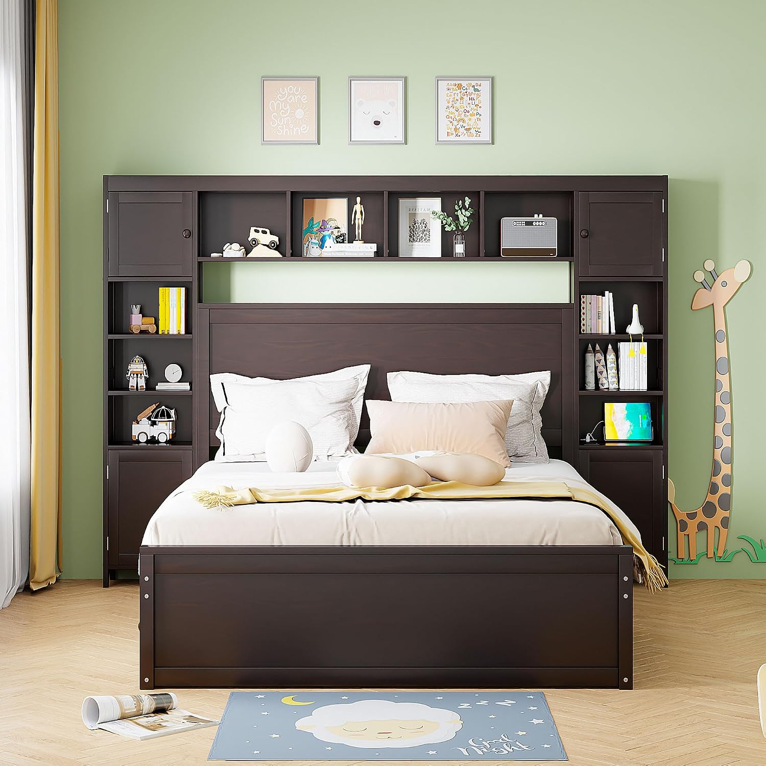 MERITLINE Queen Platform Bed with Storage Headboard,Trundle and Drawers,Solid Wood Queen Bed Frame with Charging Station and Storage for Adults(Espresso)