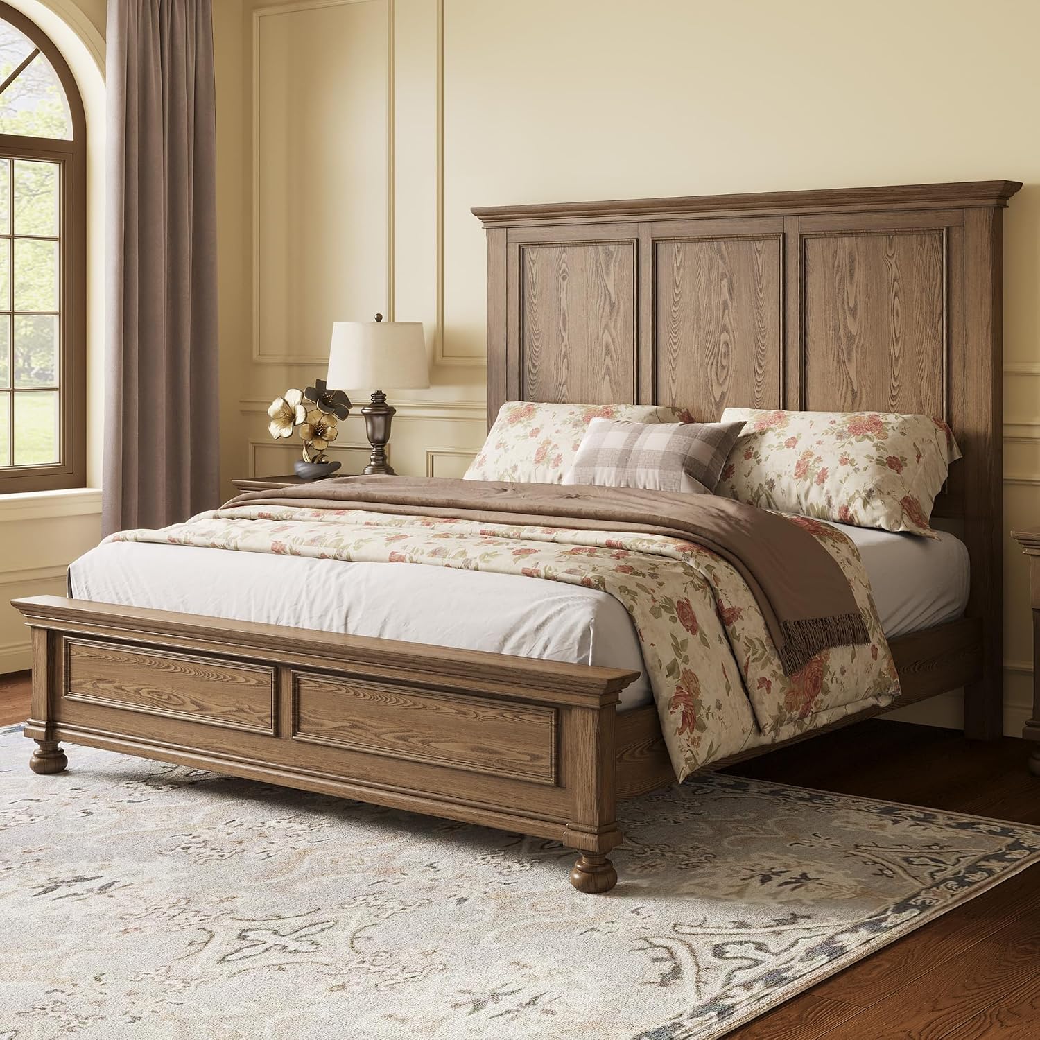 AMERLIFE Solid Wood King Bed Frame with 65.2' High Headboard, Traditional Platform Bed with Heavy Duty Slats, No Box Spring Needed, Easy Assembly, Light Brown