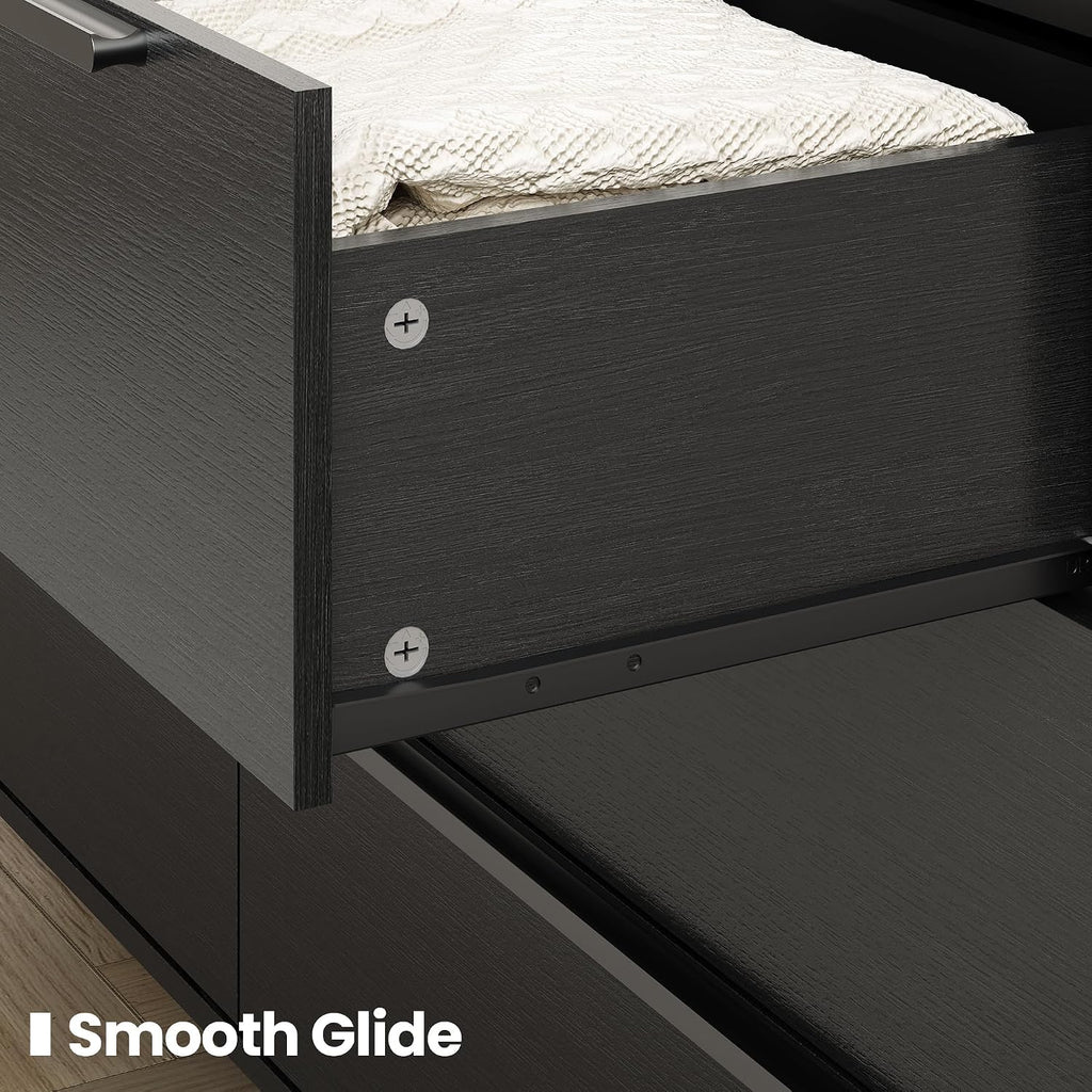 54' Wide Black 6 Drawer Dresser for Bedroom, Modern Wood Double Dresser with Raised-Edge Gallery Top, Metal Handles, Tapered Legs, Wide Chest of Drawers, Black Oak