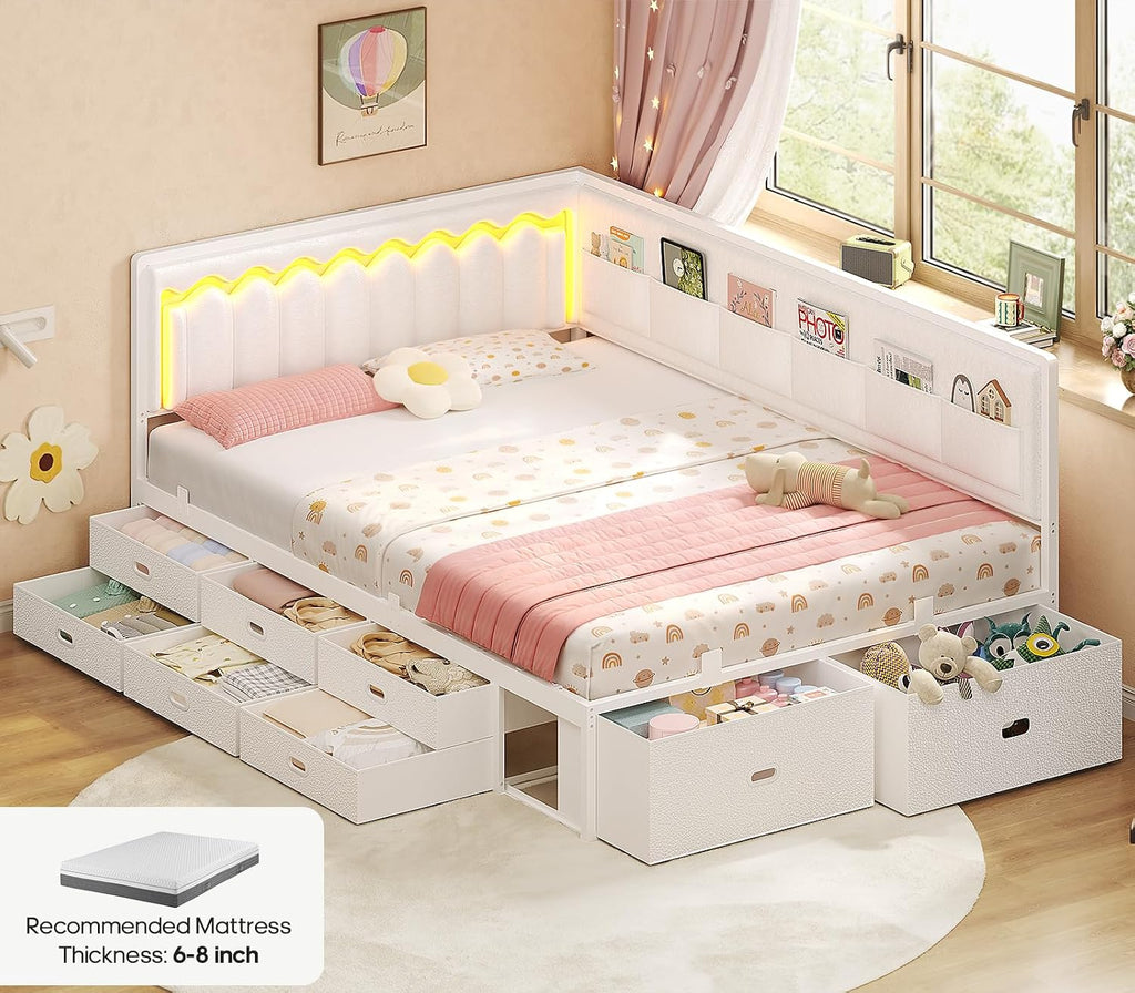 ADORNEVE Full Corner Bed Frame with 8 Drawers, 6 Storage Pockets, Full Daybed with Storage and RGB Wave Lights, Platform Bed with L-Shaped Upholstered Guardrail for Kids Teen,White