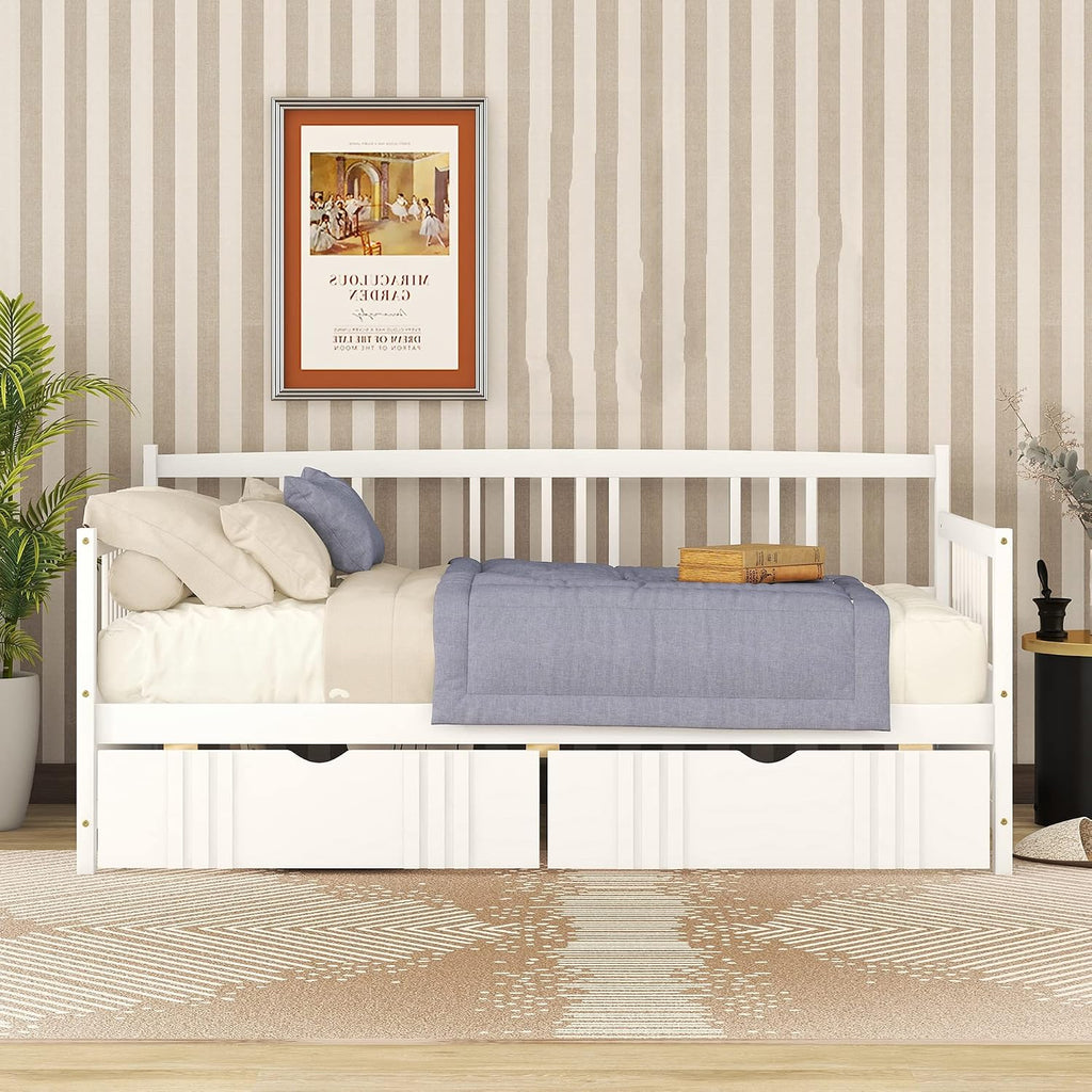 Merax Daybed Twin, Twin Daybed Wooden Slats Support Modern Living Daybed with Rails, No Box Spring Needed (White)